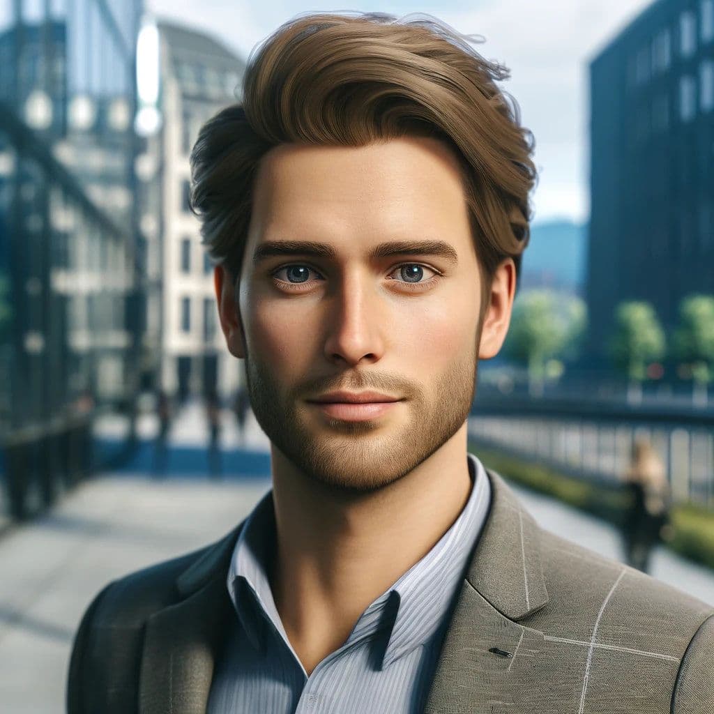 Portrett av Sondre: en ung mann i dressjakke og skjorte, foran kontorbygg i en by